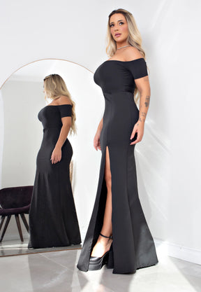 Vestido Longo Tubinho Ombro a Ombro com Fenda Preto