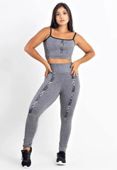 Calça Legging Cintura Alta + Cropped Cinza Mescla com Elásticos Conjunto Fitness