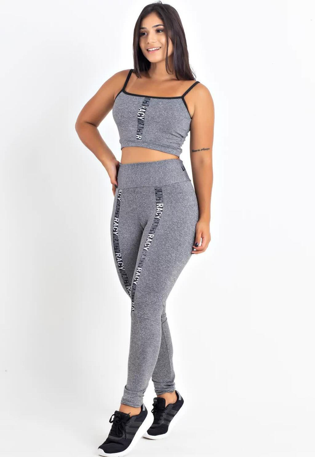 Calça Legging Cintura Alta + Cropped Cinza Mescla com Elásticos Conjunto Fitness