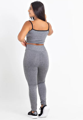 Calça Legging Cintura Alta + Cropped Cinza Mescla com Elásticos Conjunto Fitness