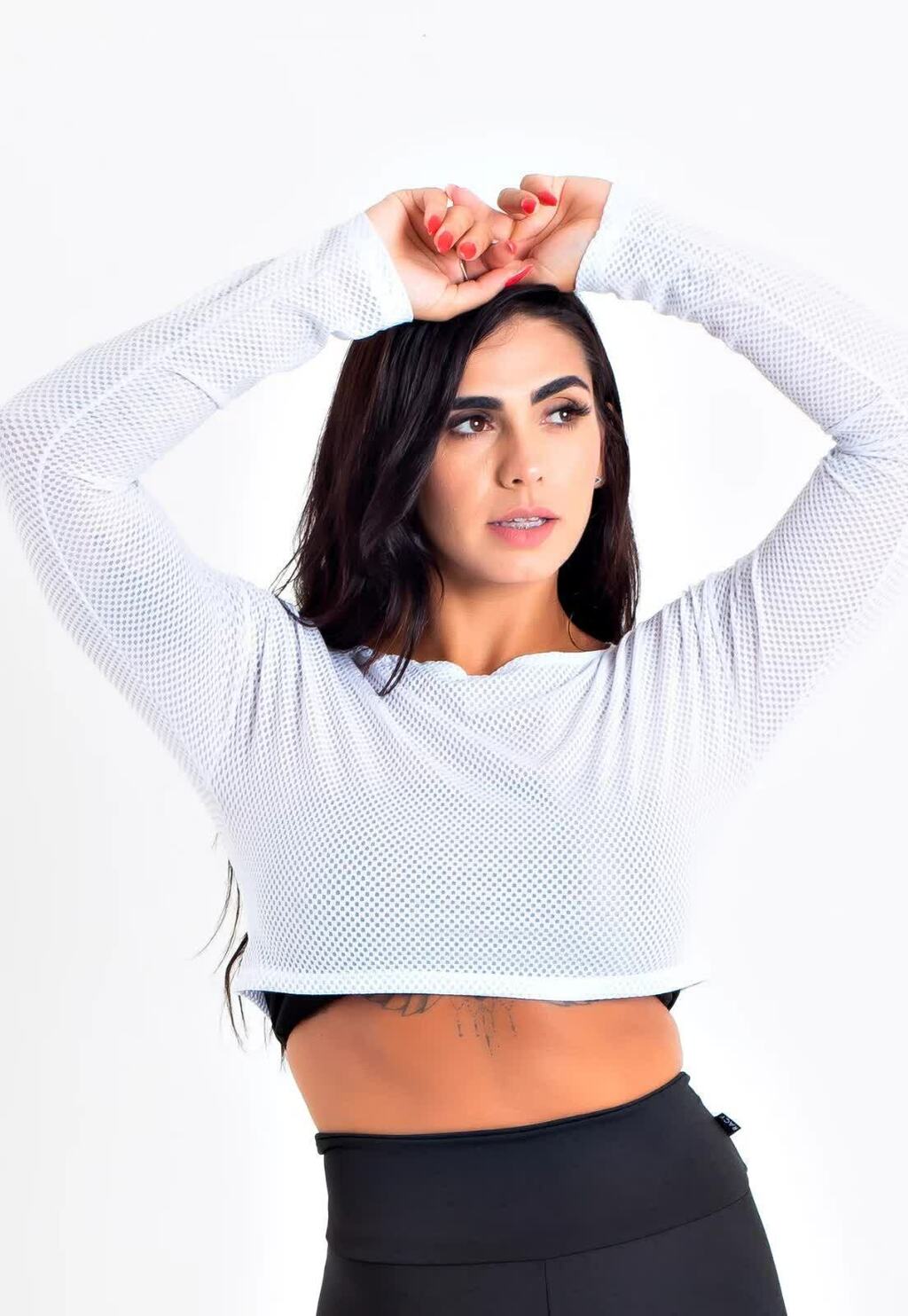 Top Cropped Manga Longa de Tela Dry Fit Branco Fitness