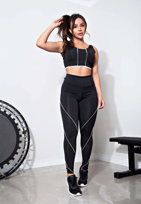 Calça Legging Fitness Academia Cintura Alta Preta com Detalhe Lateral em Vivo Branco