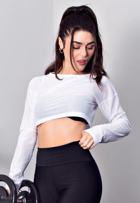 Top Cropped Manga Longa de Tela Dry Fit Branco Fitness