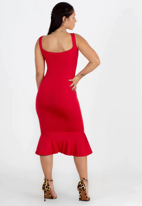 Vestido Alcinha com Babado Vermelho Midi