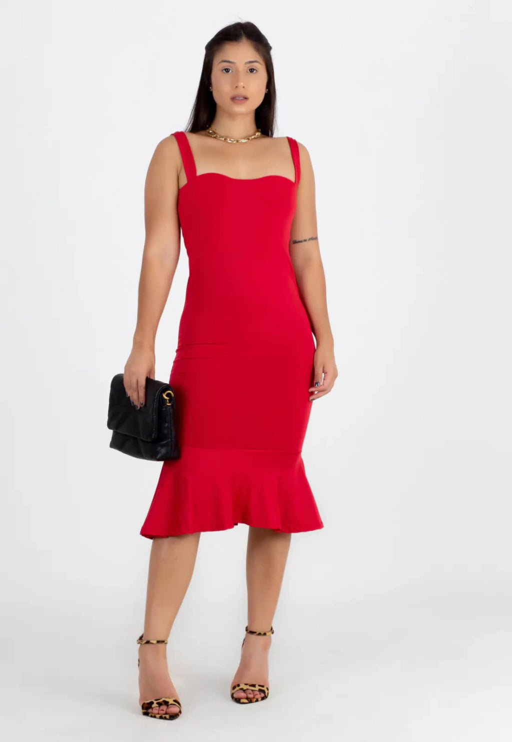 Vestido Alcinha com Babado Vermelho Midi